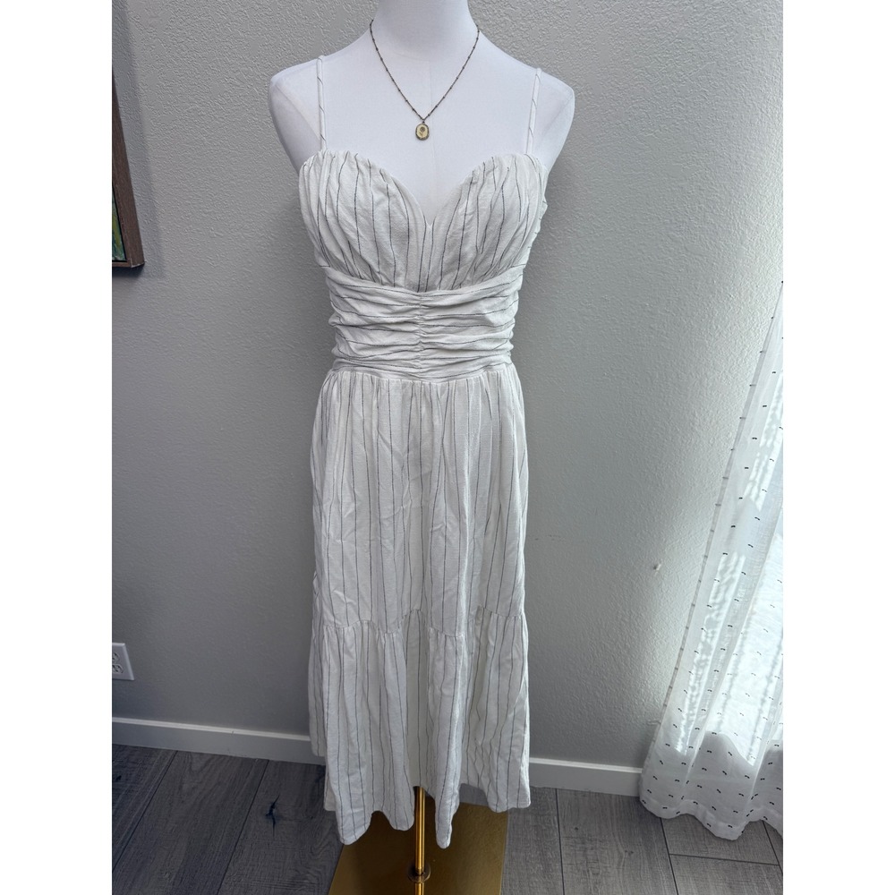 White Linen Blend Ruched Midi Sundress Size Large‎